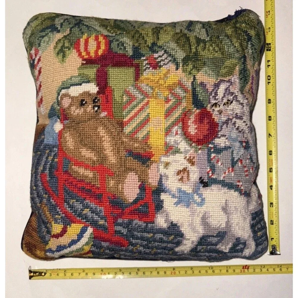 Vintage Crewel Teddy Bear Kitten Christmas Pillow 13” X 13” Removable Cover